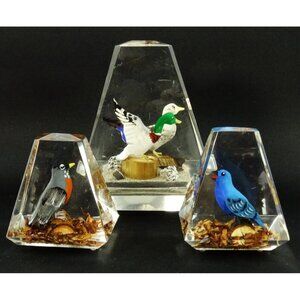 Vintage MCM Clear Lucite Prism Paperweight Lot Birds Canada Wood Carved
